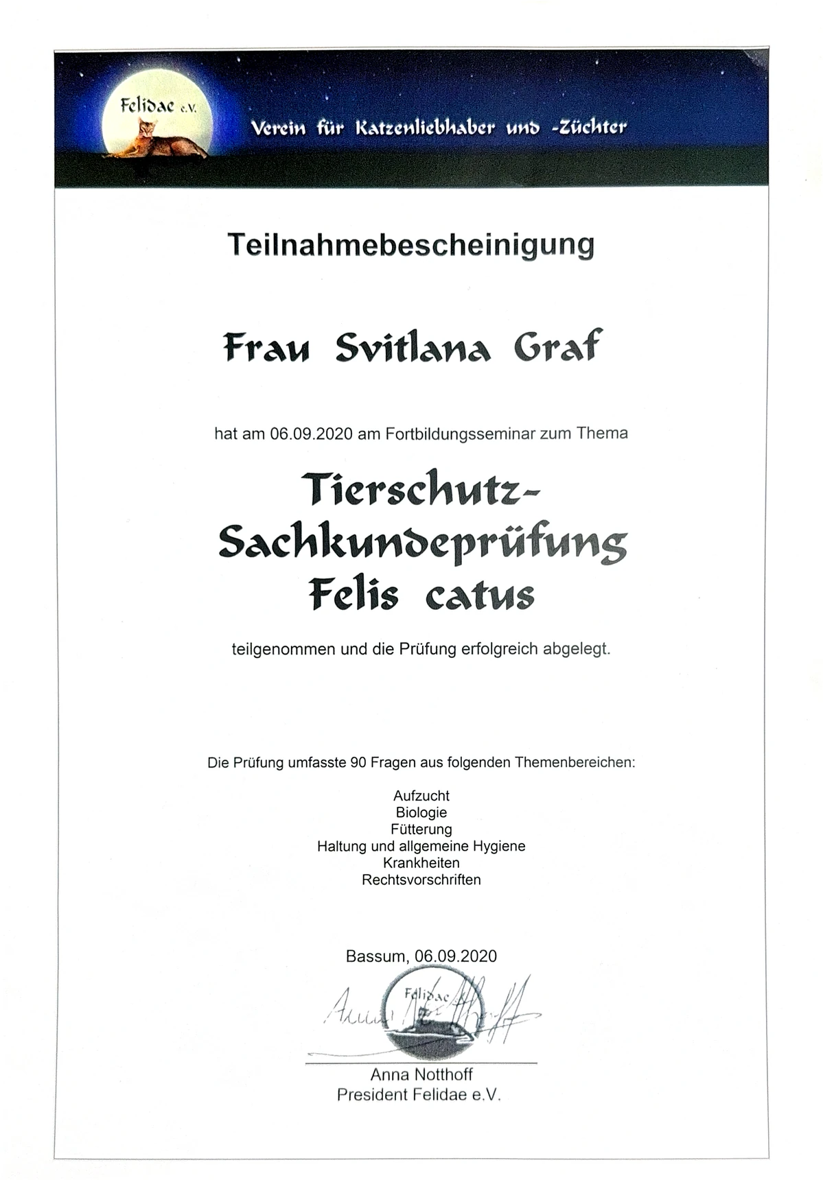 Felidae e.V. certificate for animal welfare expertise