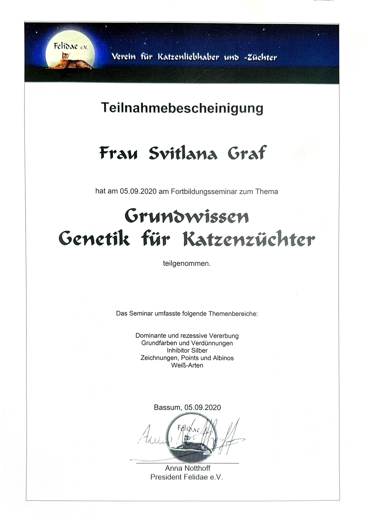 Felidae e.V. certificate in genetics for cat breeders